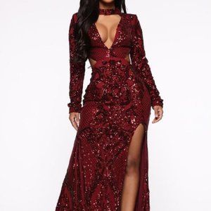 Fashion Nova High-Split Sequin Dress-Chocolate